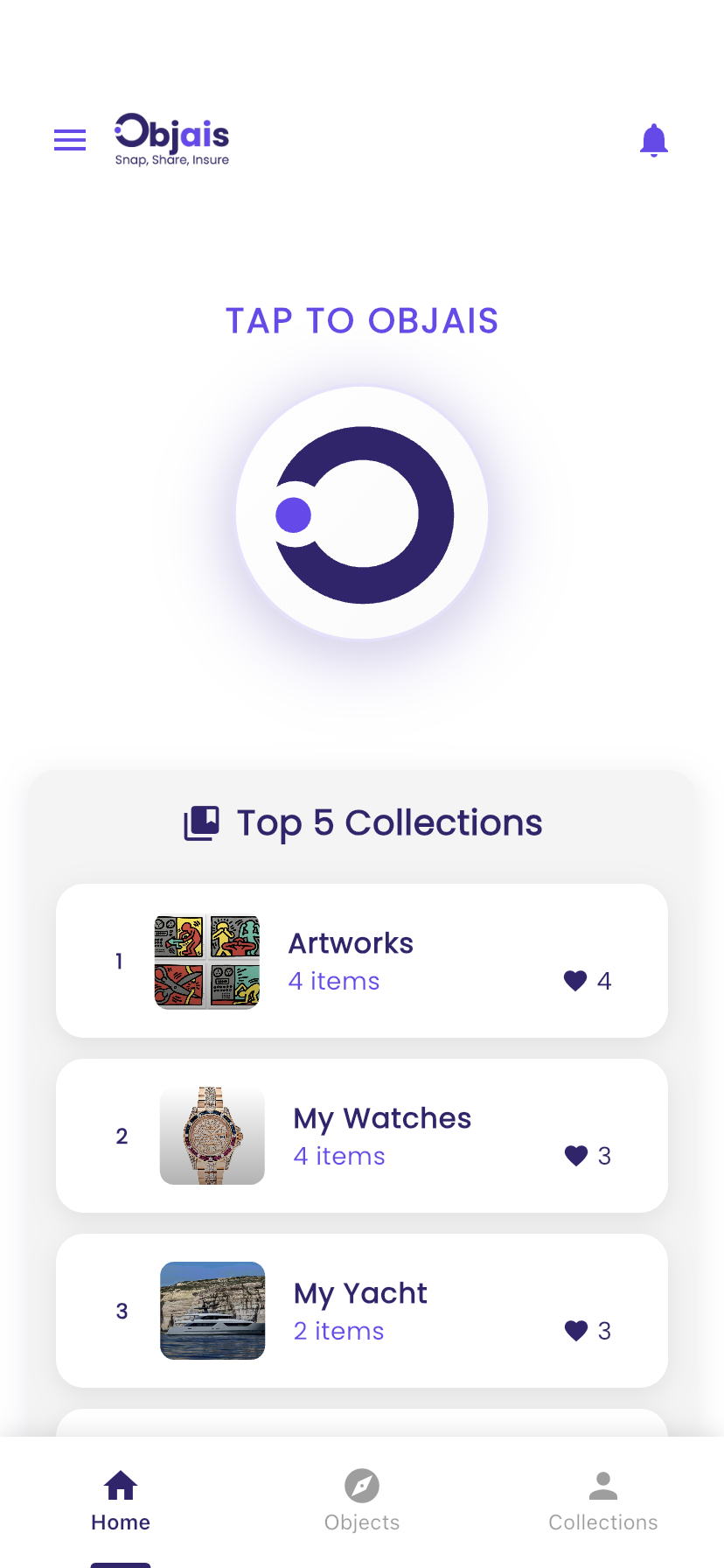 Tap to Objais — your Top 5 collections