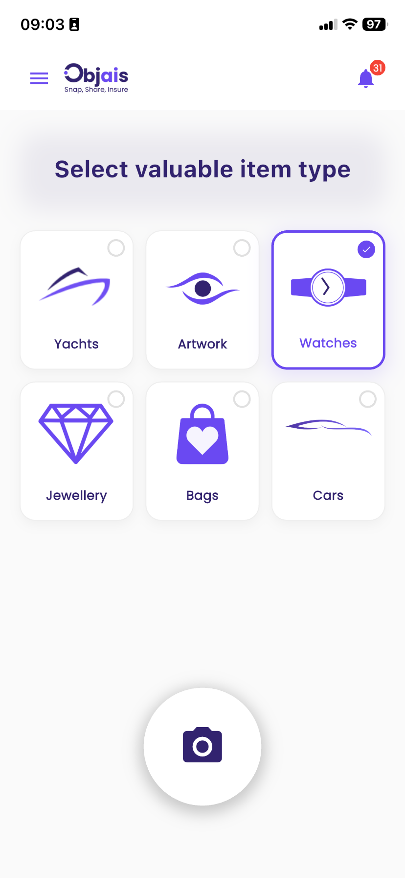 Select valuable item type — Artwork, Yacht, Watch, Jewellery