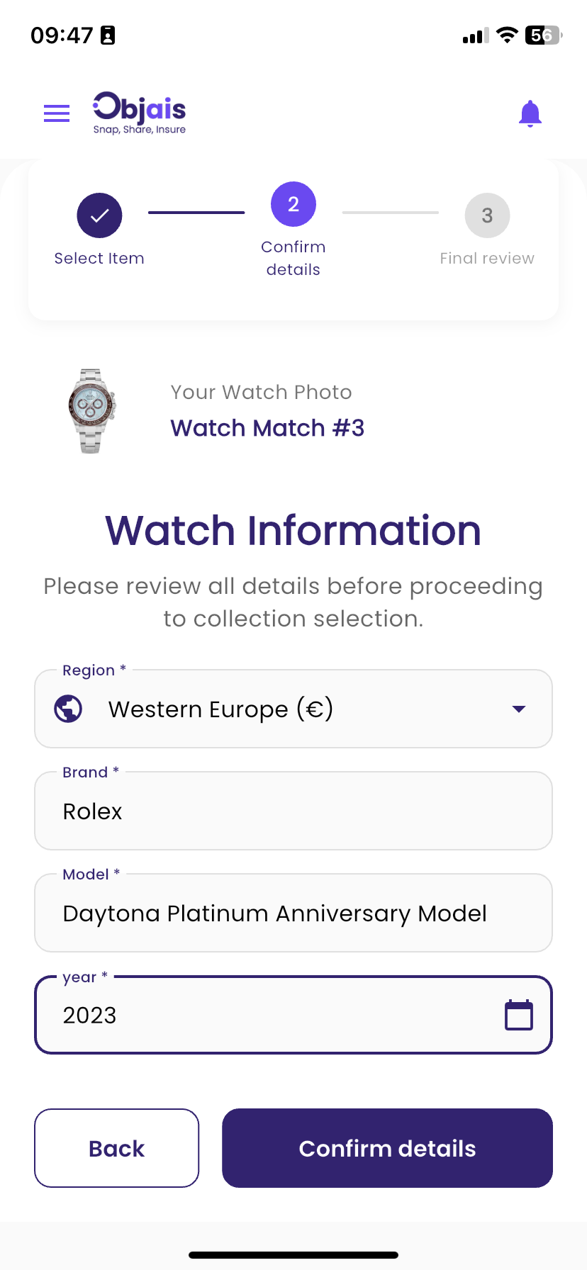 Confirm item details — region, brand, model, year
