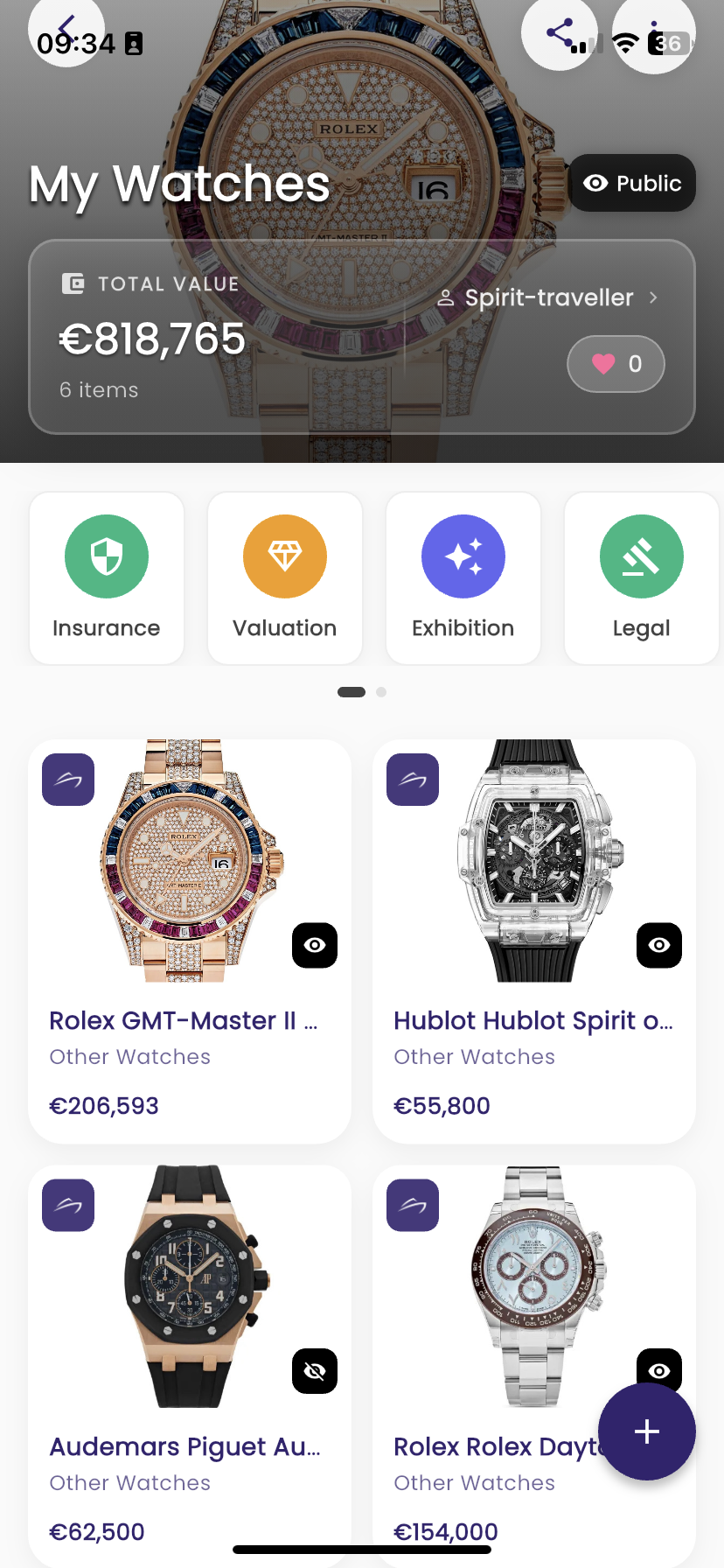 Your collection — total value and item details at a glance