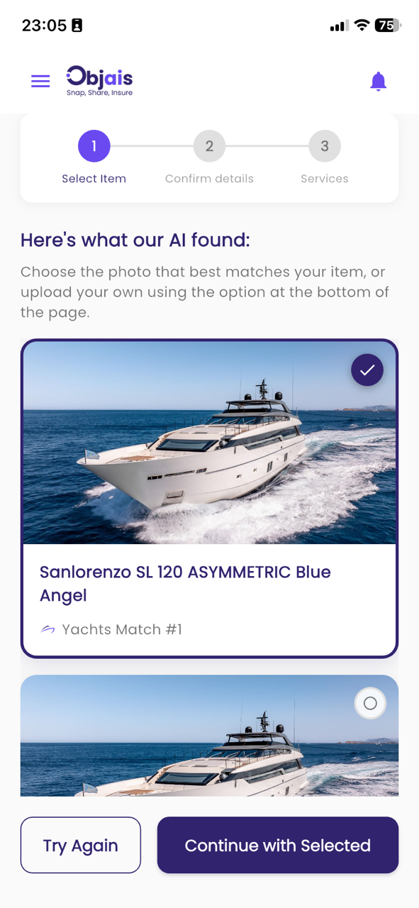 Yacht AI matches in the OBJAIS app